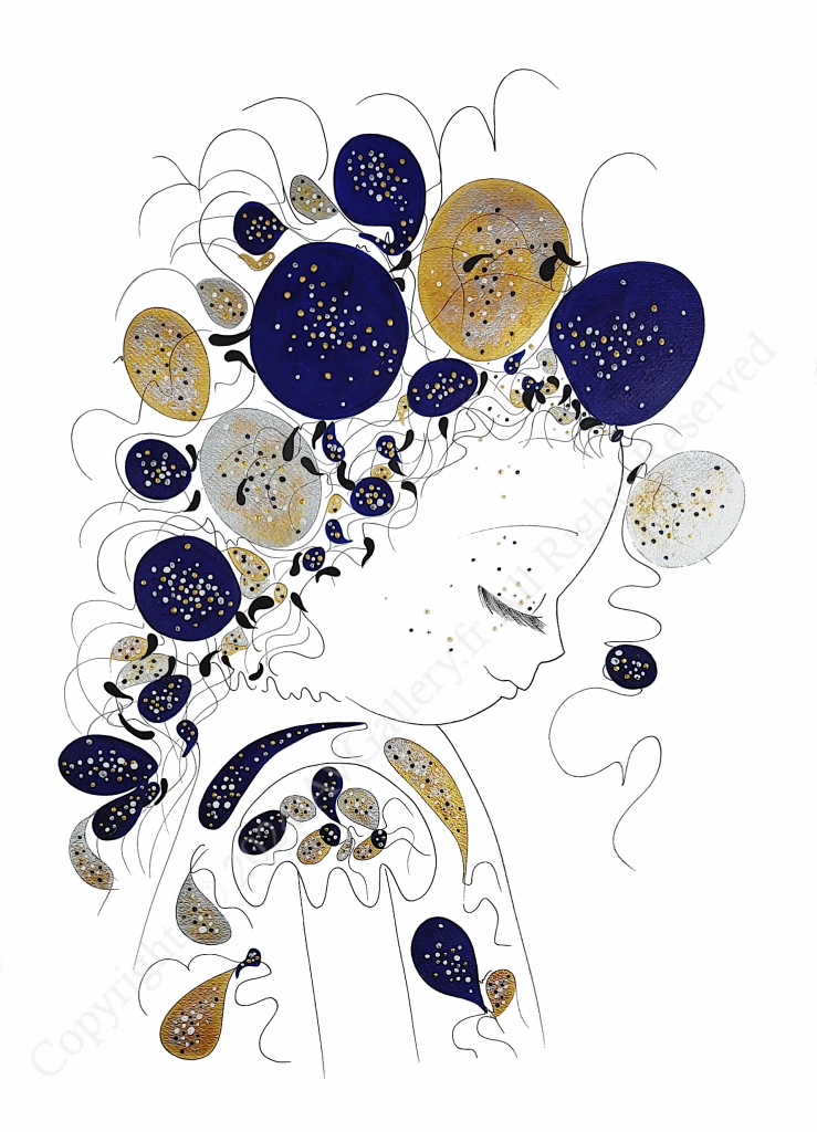 Tableau Luna 50x70 création de l'artiste peintre contemporain international Alessandra Viotti-Gilabert, peinture avec pigments irisés or et argent sur papier coton 50% 360gr Fabriano brossé main.