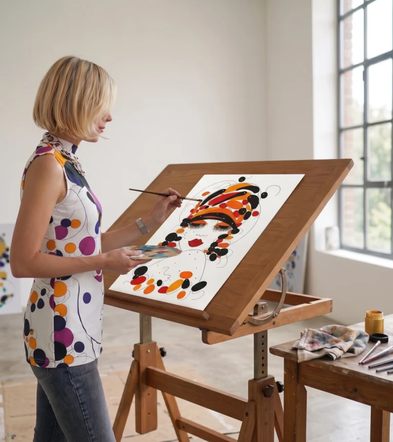 Alessabdra Viotti-Gilabert, Artiste Peintre Internationam Cotée Drouot, devant sa table de dessin en bois, en train de peintre une oeuvre.