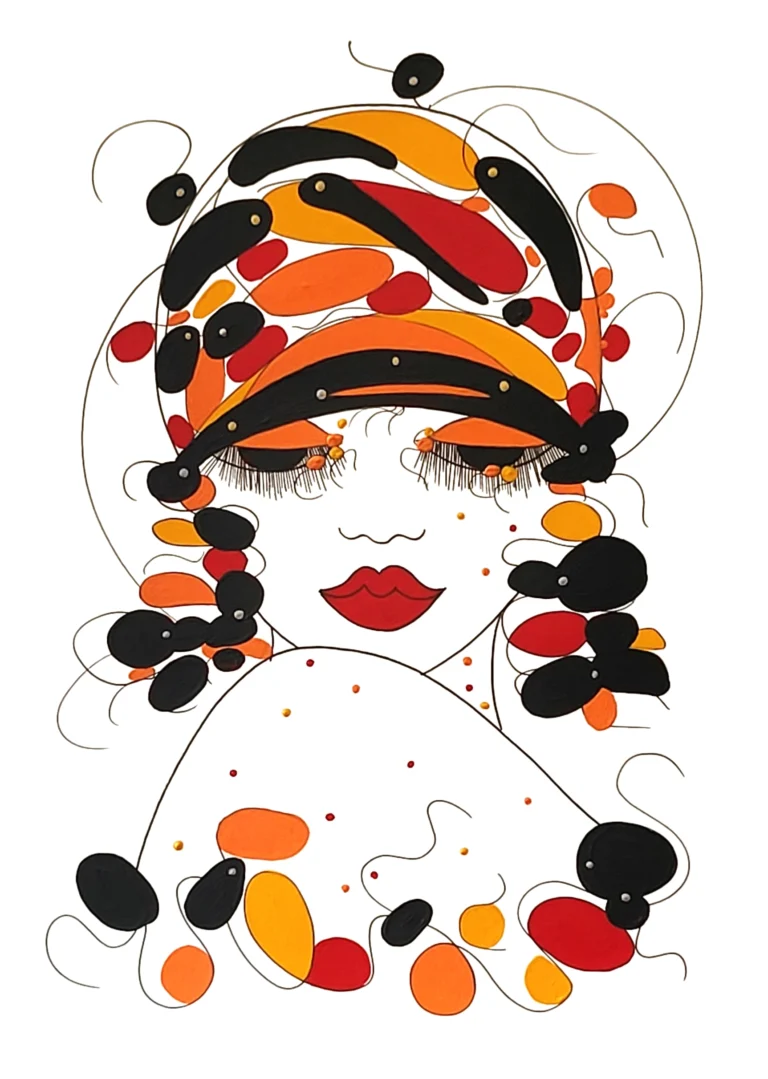 Tableau "Eclat de Femme" 70 cm de large sur 100 cm de hauteur. Visage du femme vu de face. Couleurs noir, orange, rouge avec pigments irisés.