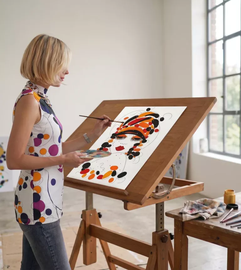 Alessabdra Viotti-Gilabert, Artiste Peintre Internationam Cotée Drouot, devant sa table de dessin en bois, en train de peintre une oeuvre.