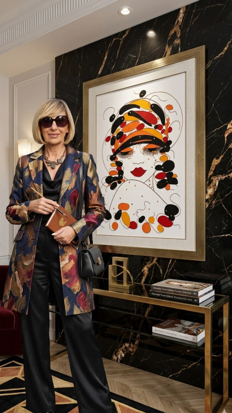 Alessandra Viotti-Gilabert, Artiste Cotée Drouot, habiller en tenue de vernissage pour une exposition. Elle pose devent un de ses tableau.