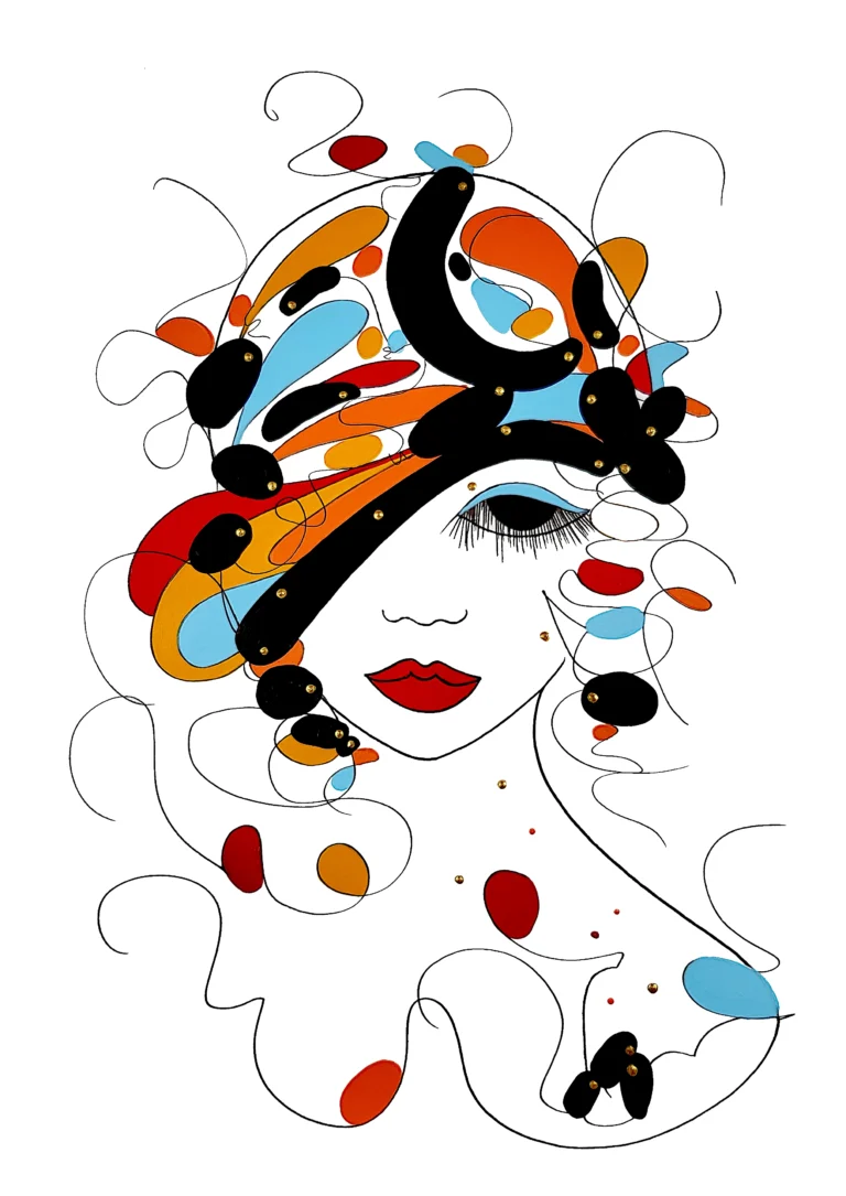 Portrait stylisé d'une femme aux lèvres rouges et avec un chapeau cloche aux couleurs vives orange et ocre, entourée de formes abstraites colorées. Ce tableau moderne aux couleurs vives est une oeuvre d'Alessandra Viotti-Gilabert, Artiste Peintre International Cotée Drouot.